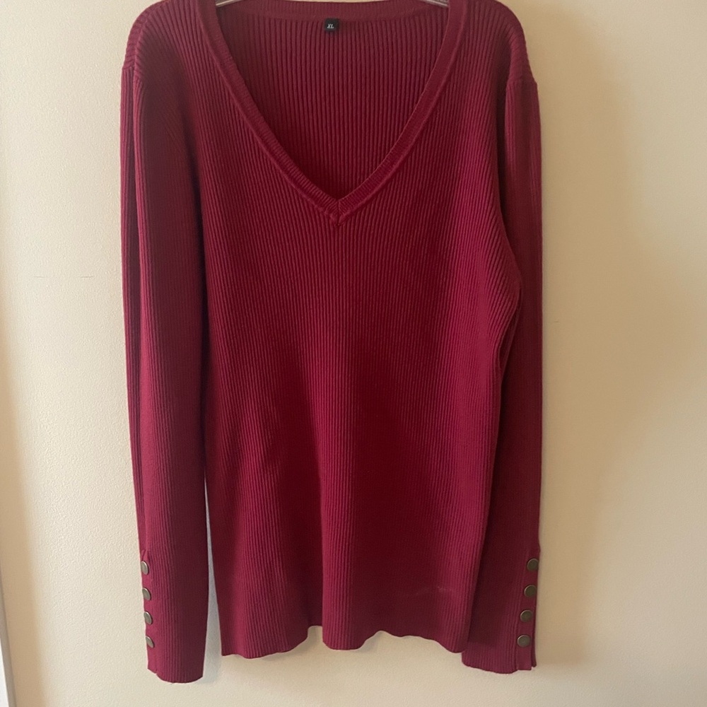 Red / Burgundy V-Neck Sweater with Button Detail